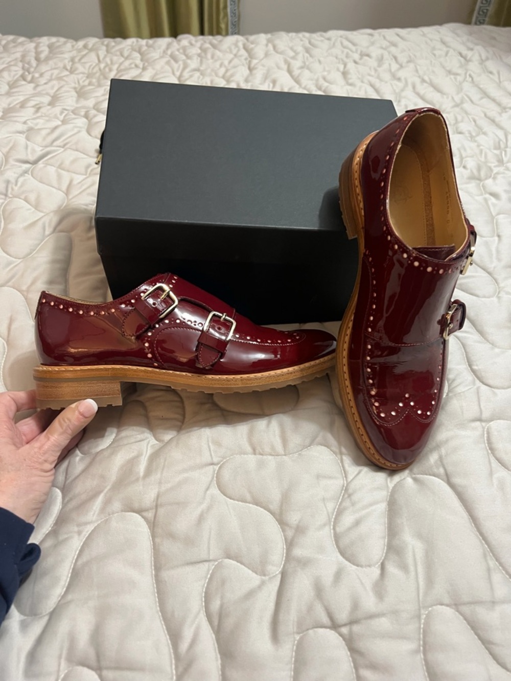 Angela Scott Women's Burgundy Patent Double Monk Shoes - Picture 3 of 6